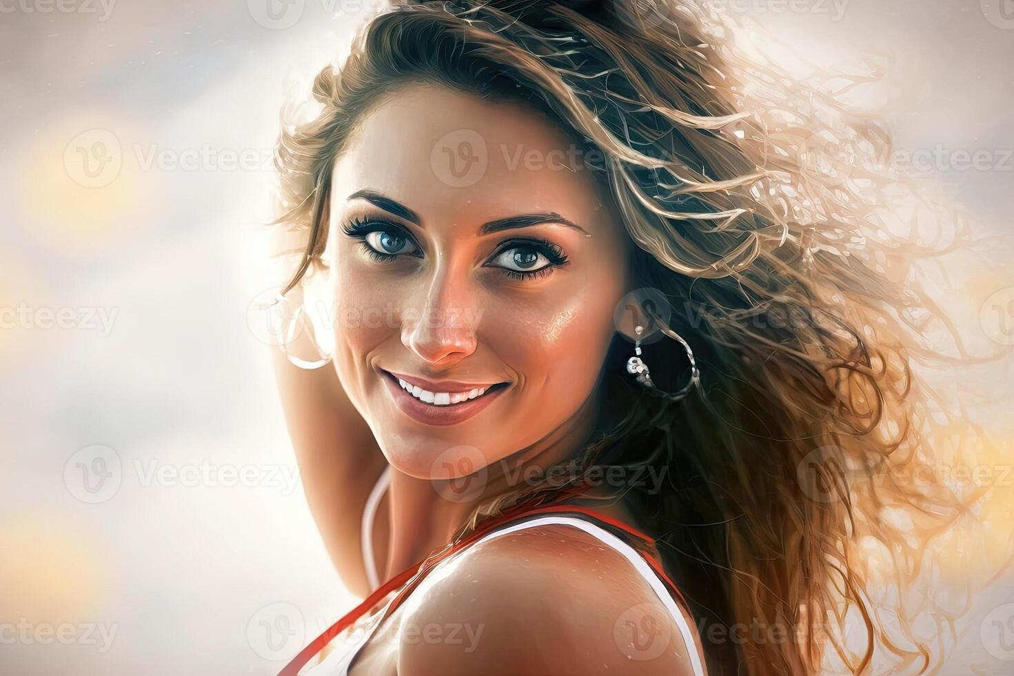 Cheerleader Young beautiful brunette latina woman wearing a football jersey shirt illustration photo