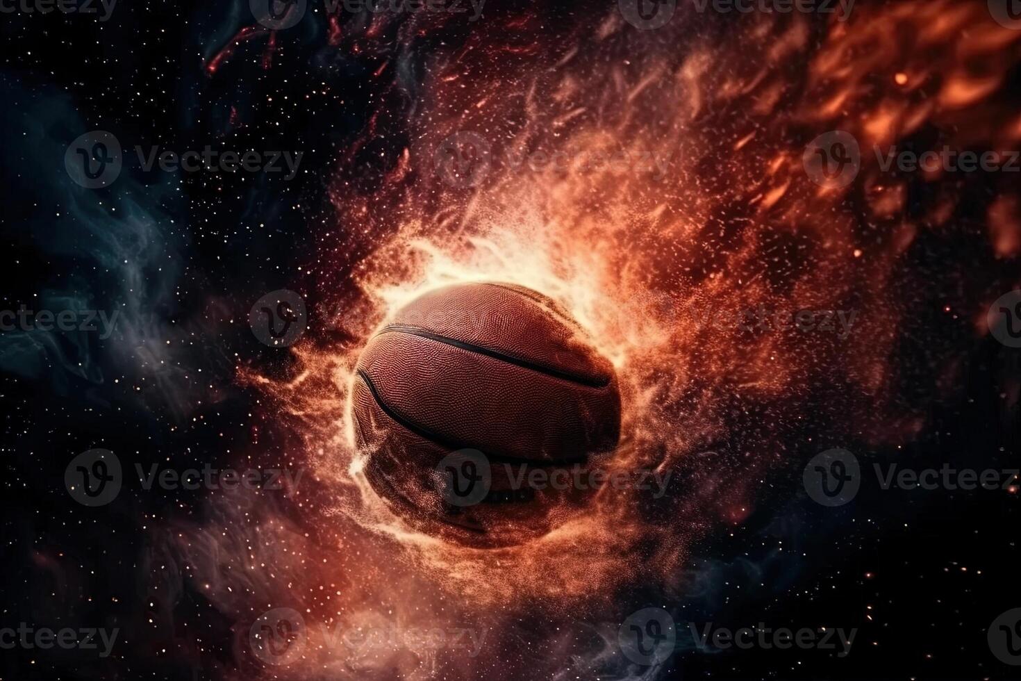 Basketball going through the basket, top view, exploding galaxy background illustration photo