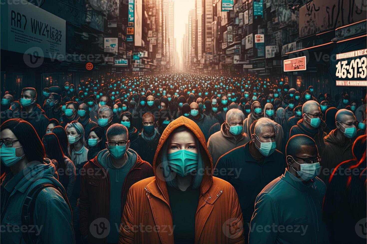 big city with many people wearing face mask beacause of return of covid coronavirus pandemic illustration photo