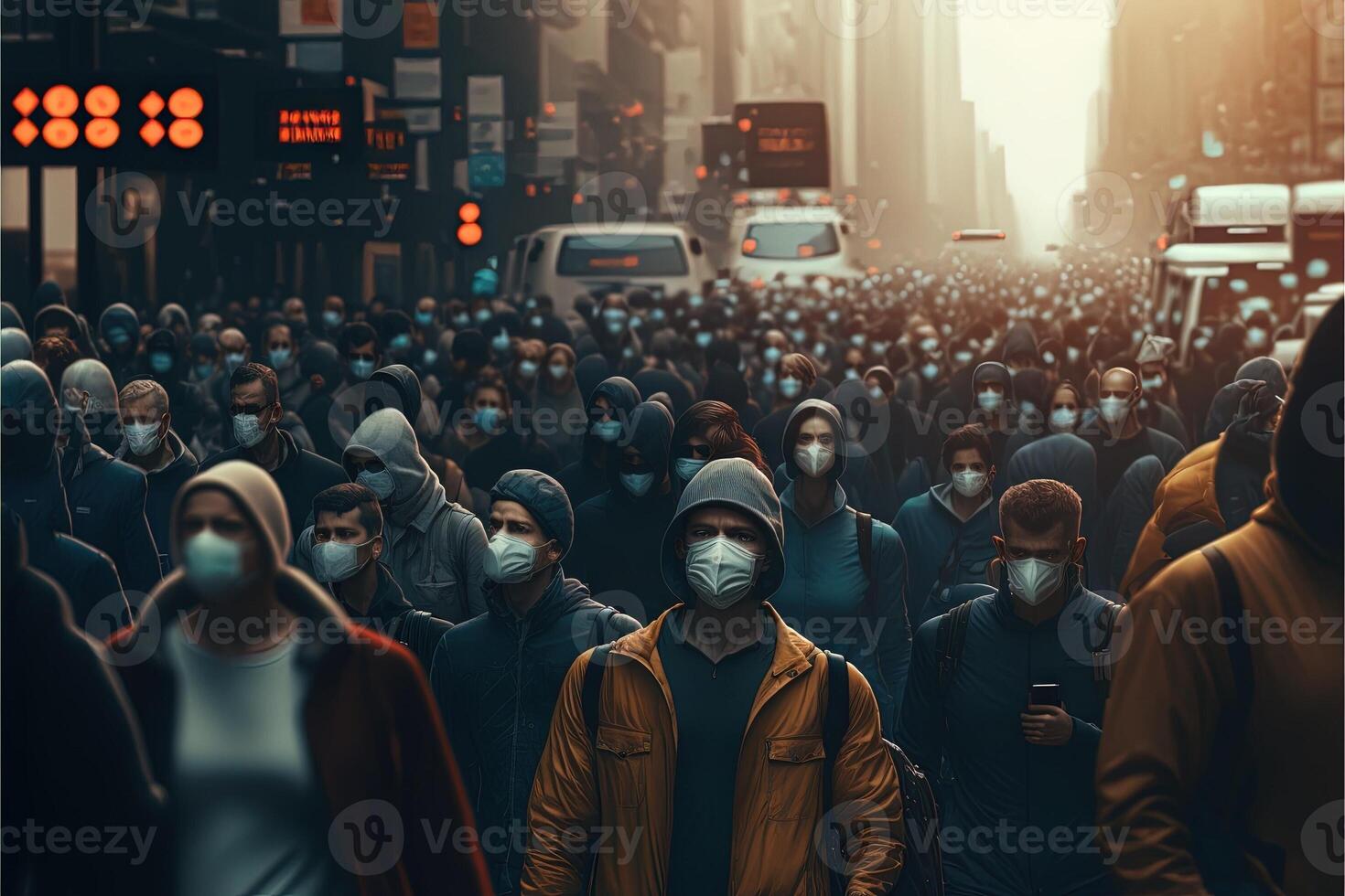 big city with many people wearing face mask beacause of return of covid coronavirus pandemic illustration photo