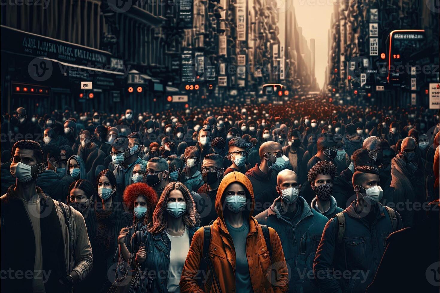 big city with many people wearing face mask beacause of return of covid coronavirus pandemic illustration photo
