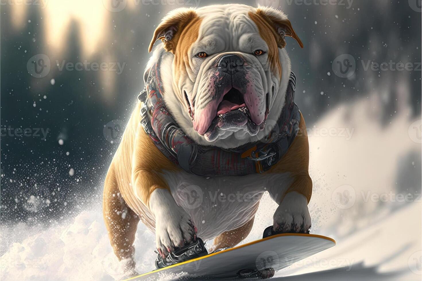 Dog snowboarder fills with joy from fast ride photo