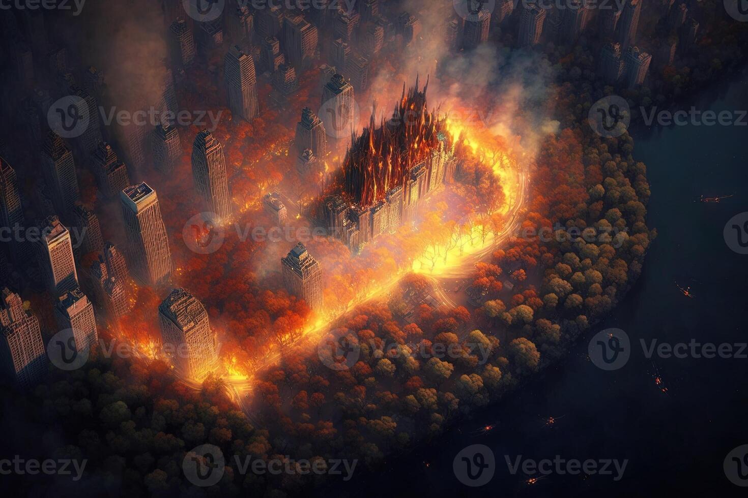 central park burning in fire new york city usa aerialillustration photo