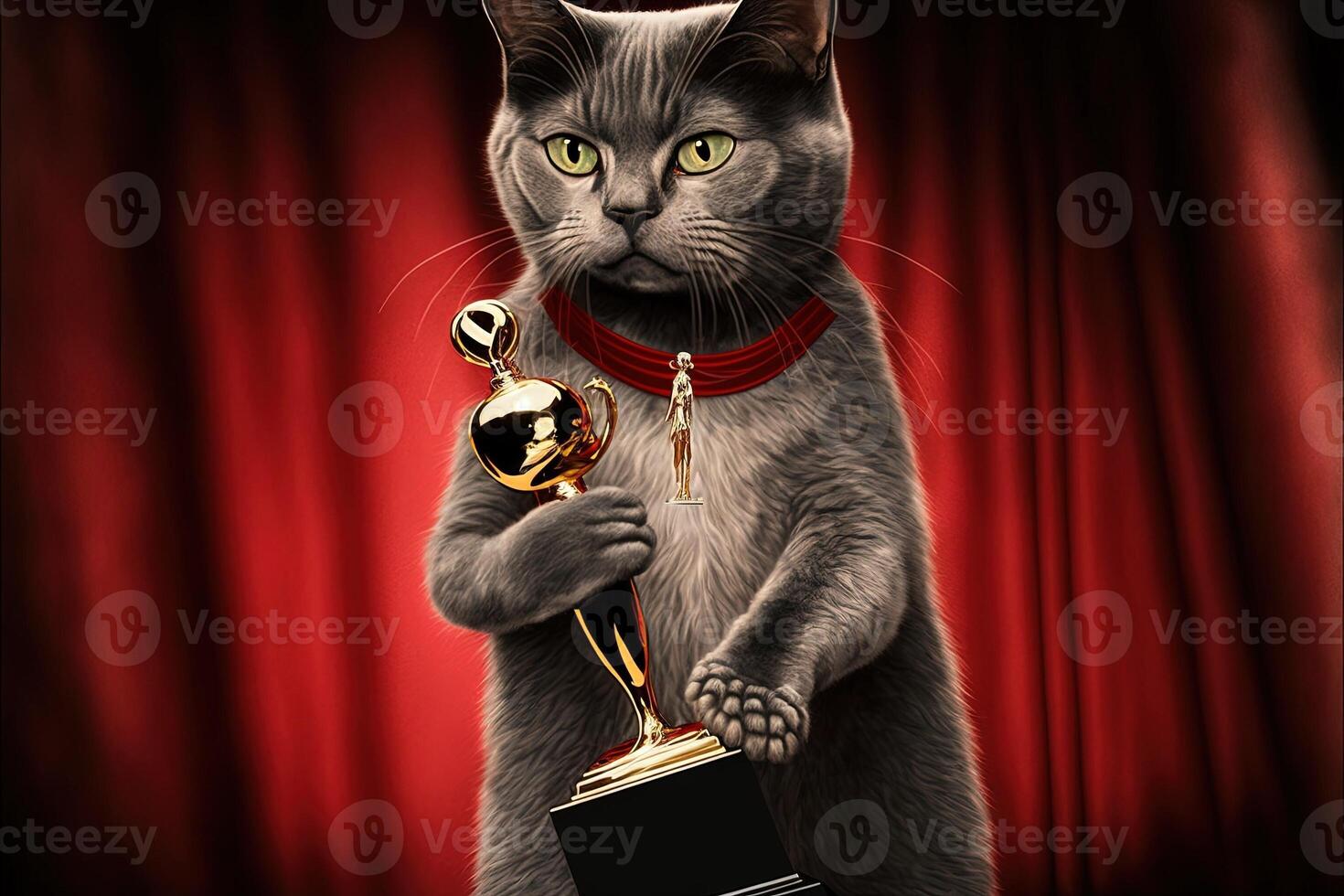 cat on red carpet winning oscar award illustration photo