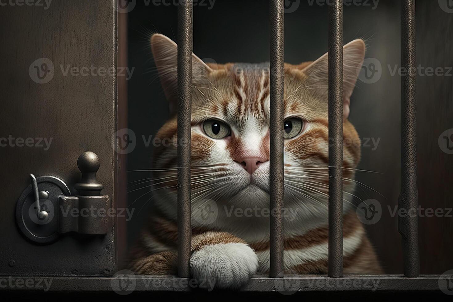 sad cat in jail sits behind a metal bars and looks at the camera