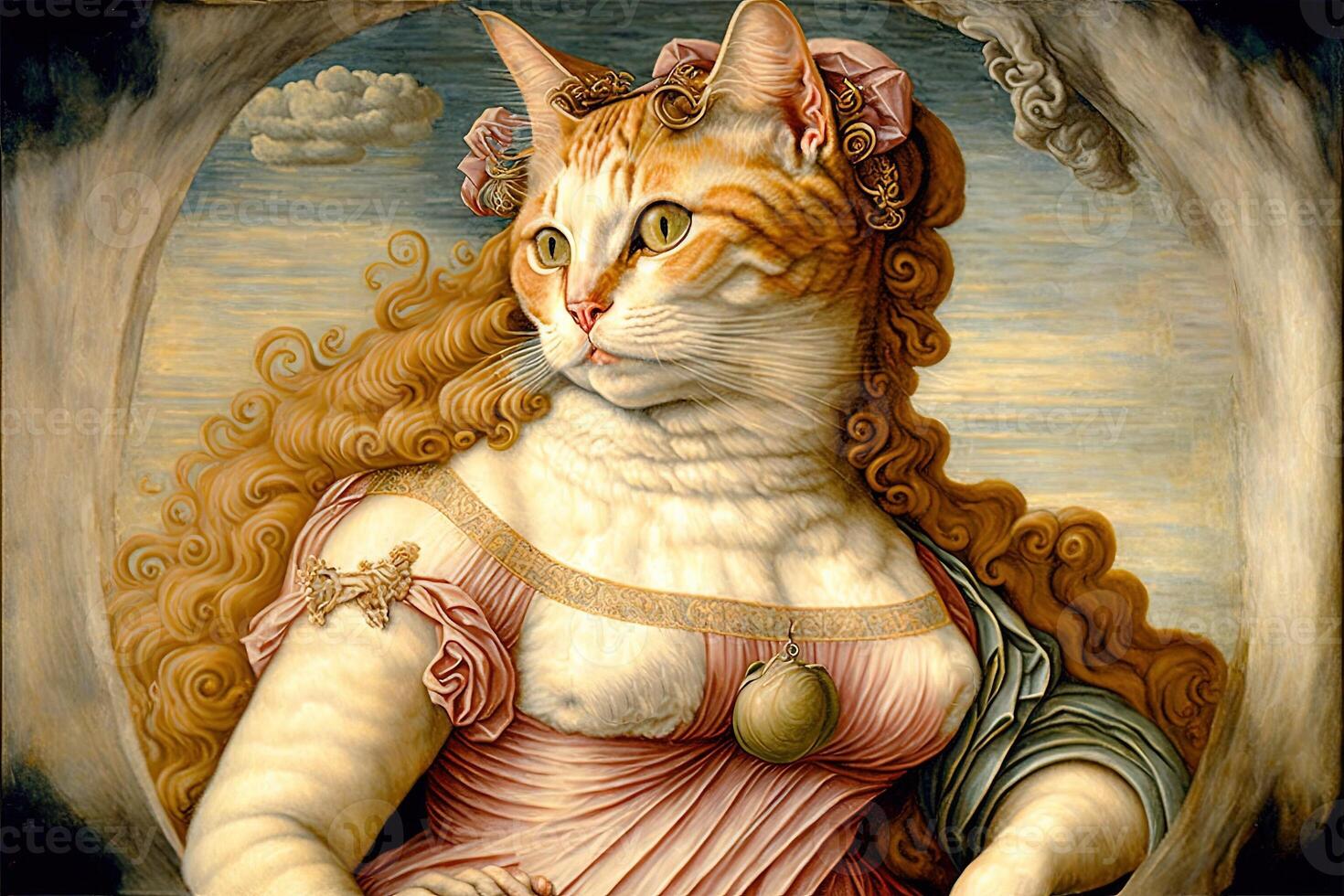 cat standing like Botticelli Venus. Digital illustration photo