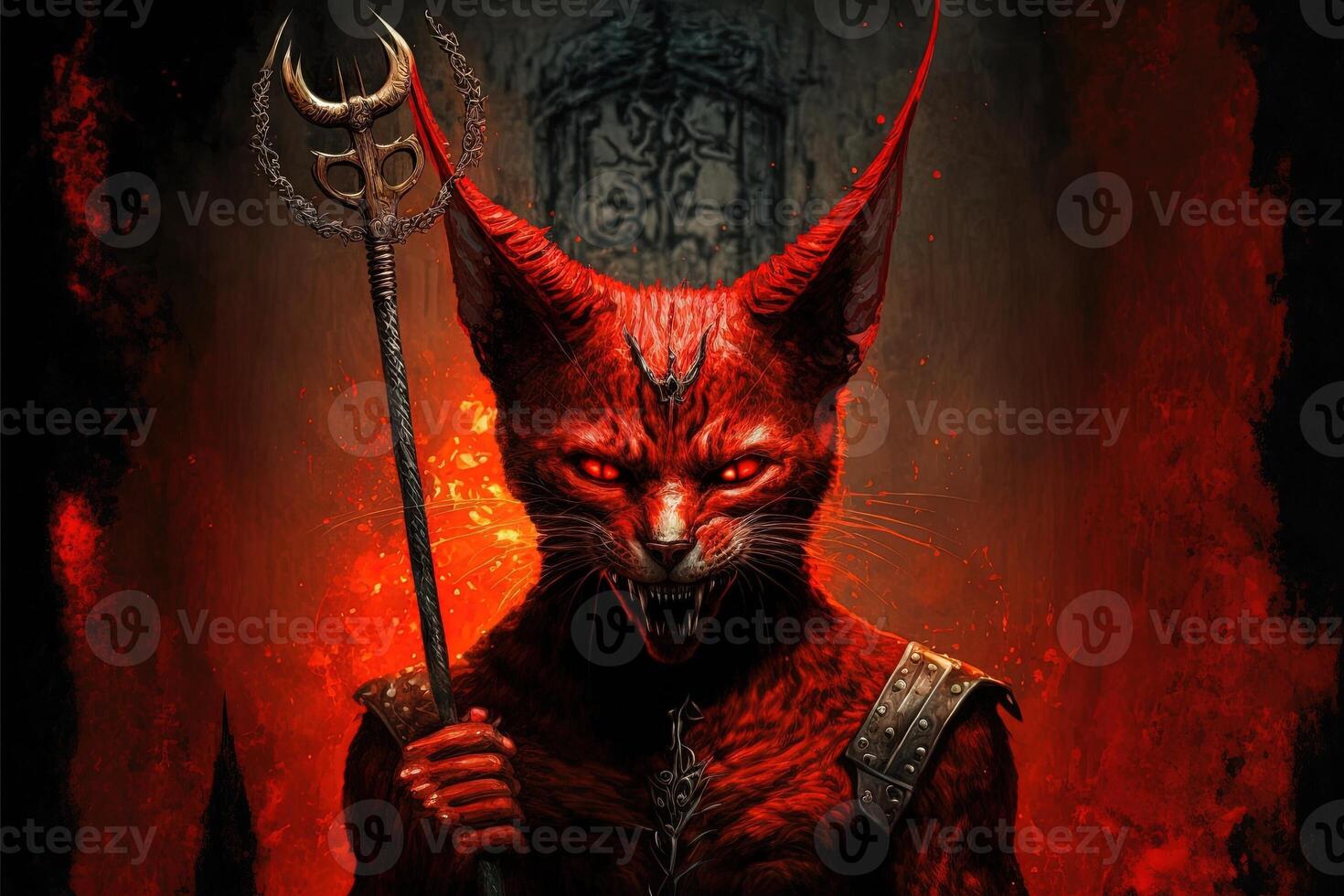 devil cat at the inferno holding pitchwork. hell in flames illustration photo