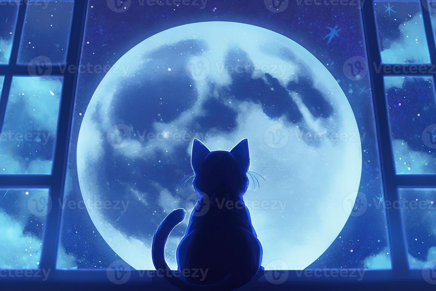 Anime cat looking at the moon on starry night illustration photo