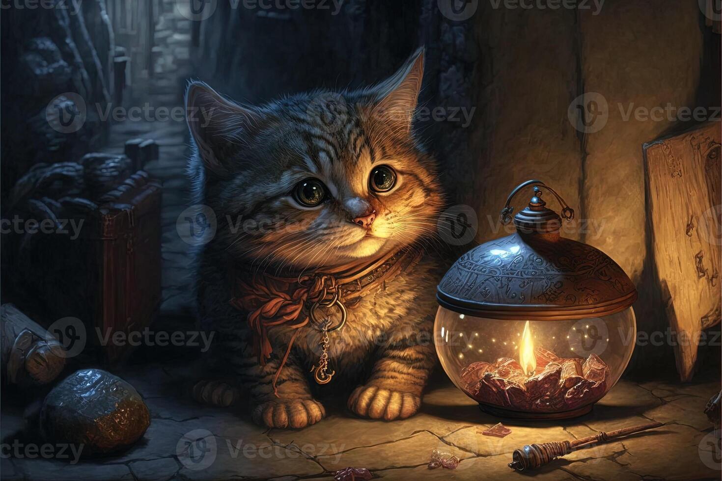 cat exploring a dungeon map in search of dragons illustration photo