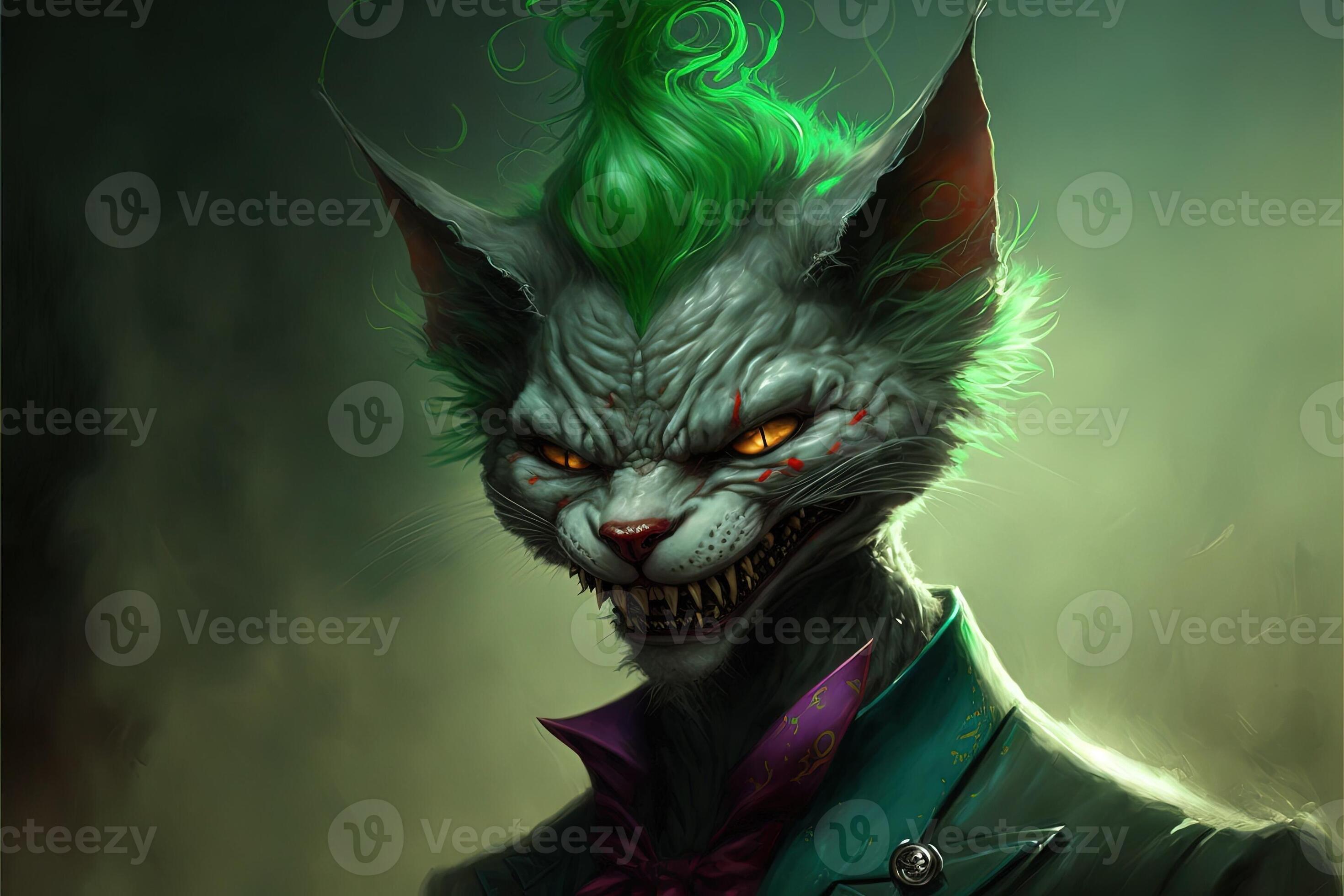 Evil cat joker with yellow eyes smiles like a cheshire cat. The concept