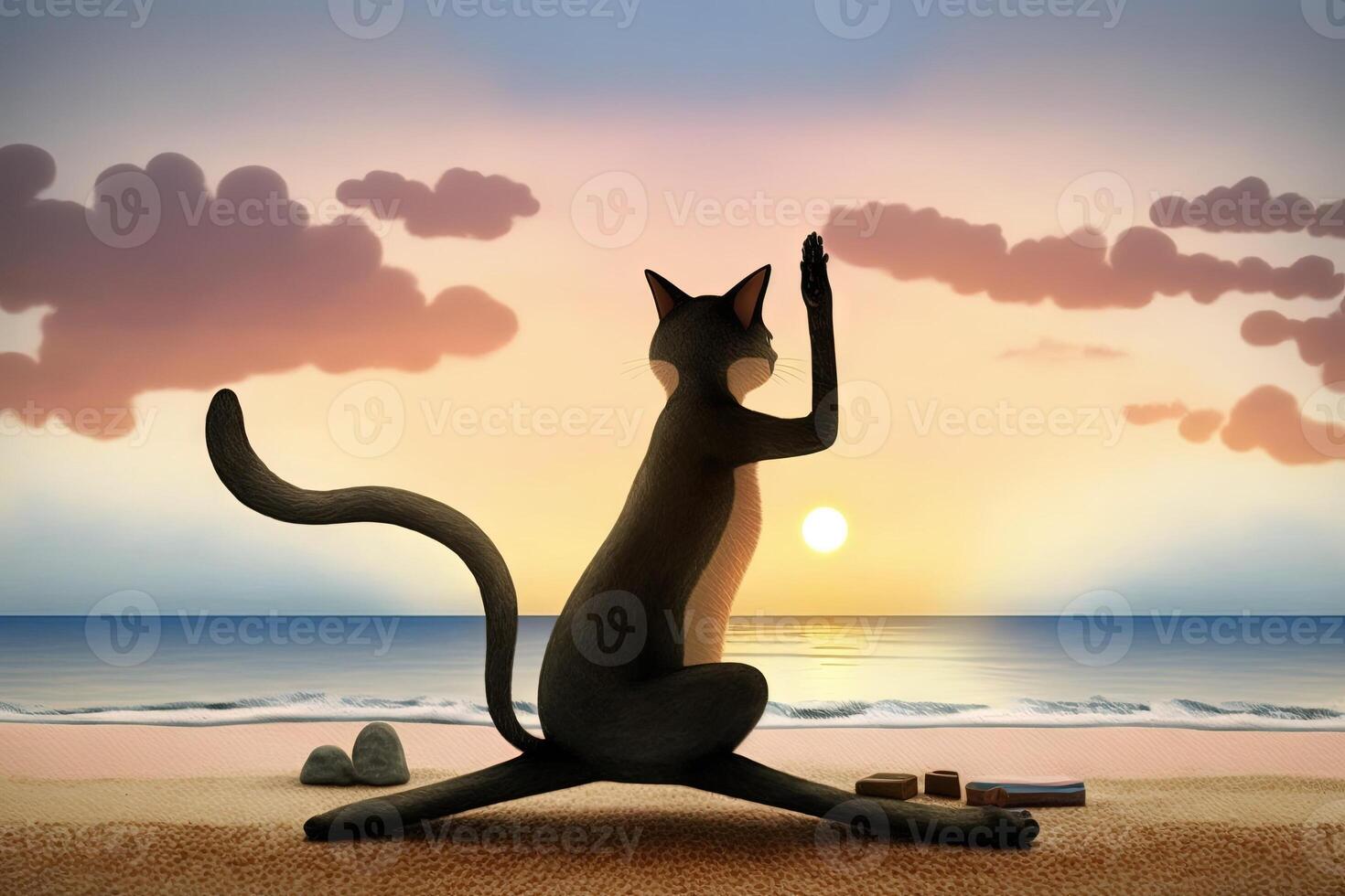 gato practicando yoga en el playa a puesta de sol ilustración generativo ai foto