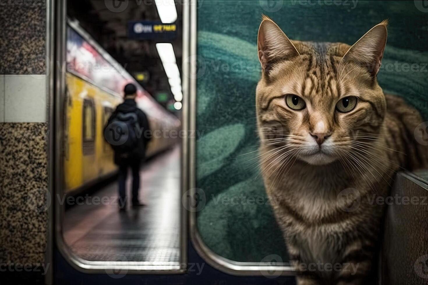 cat animal on new york city subway underground metro train illustration photo