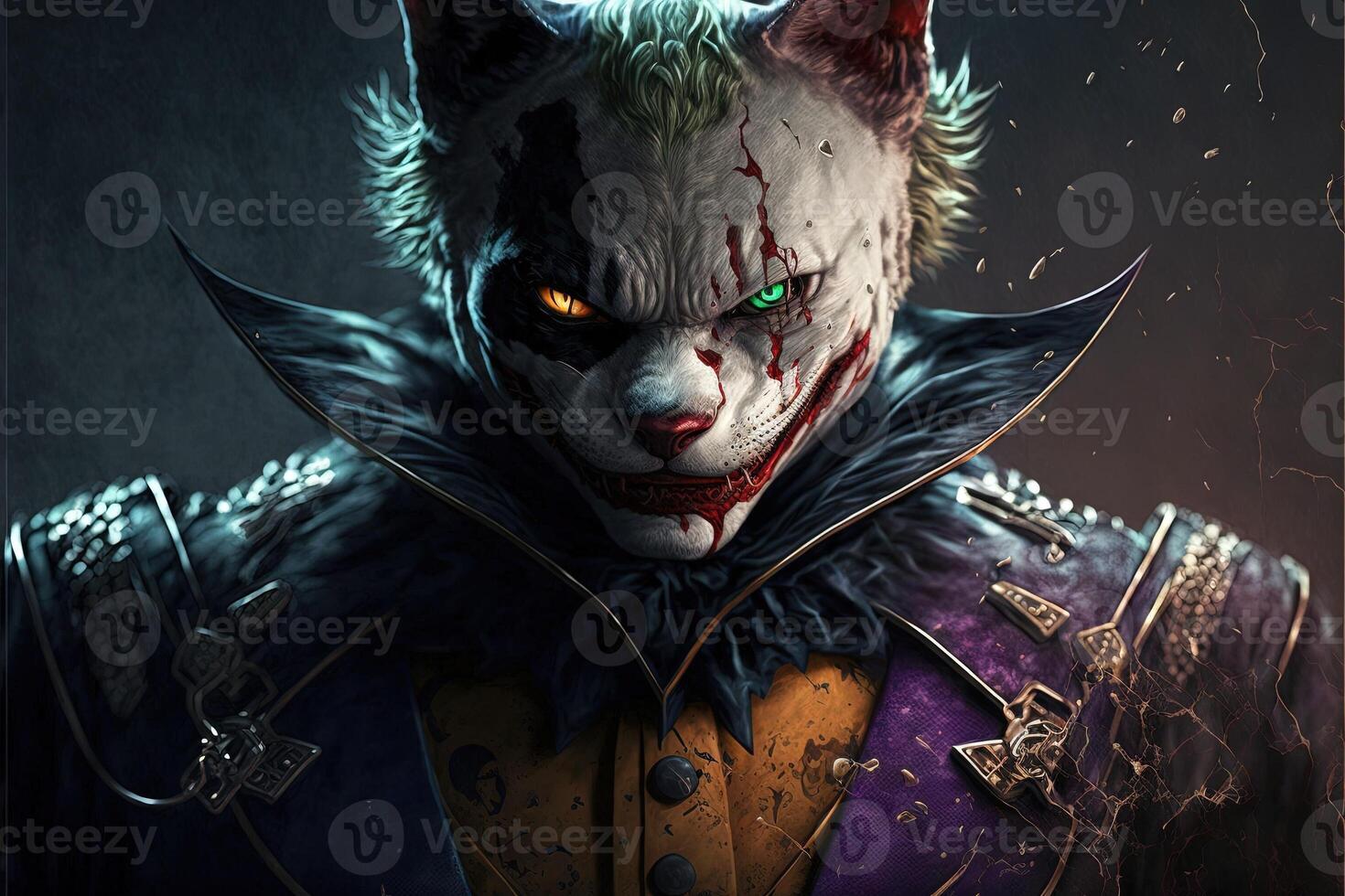 Evil cat joker with yellow eyes smiles like a cheshire cat. The concept of fear and nightmares. illustration photo