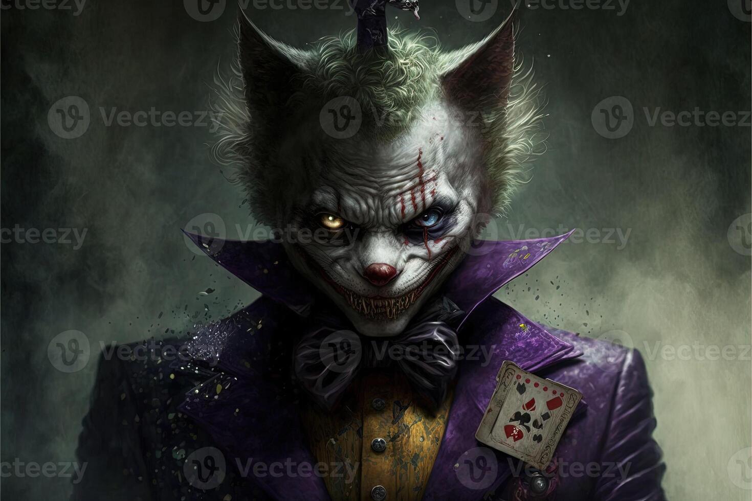 Evil cat joker with yellow eyes smiles like a cheshire cat. The concept of fear and nightmares. illustration photo