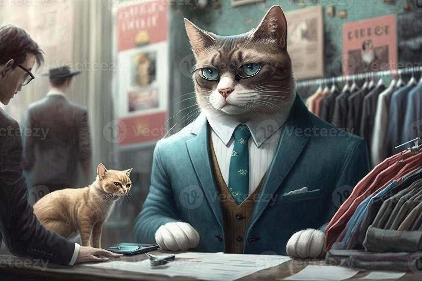 Cat as salesperson sales job formal dress suit sellingl character portrait illustration photo