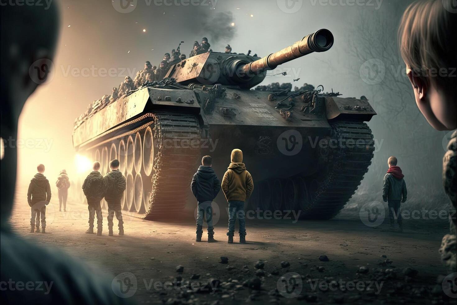 War in Ukraine children wearing anti gas mask escaping, running out from invasion. Tank and explosions on backround illustration photo