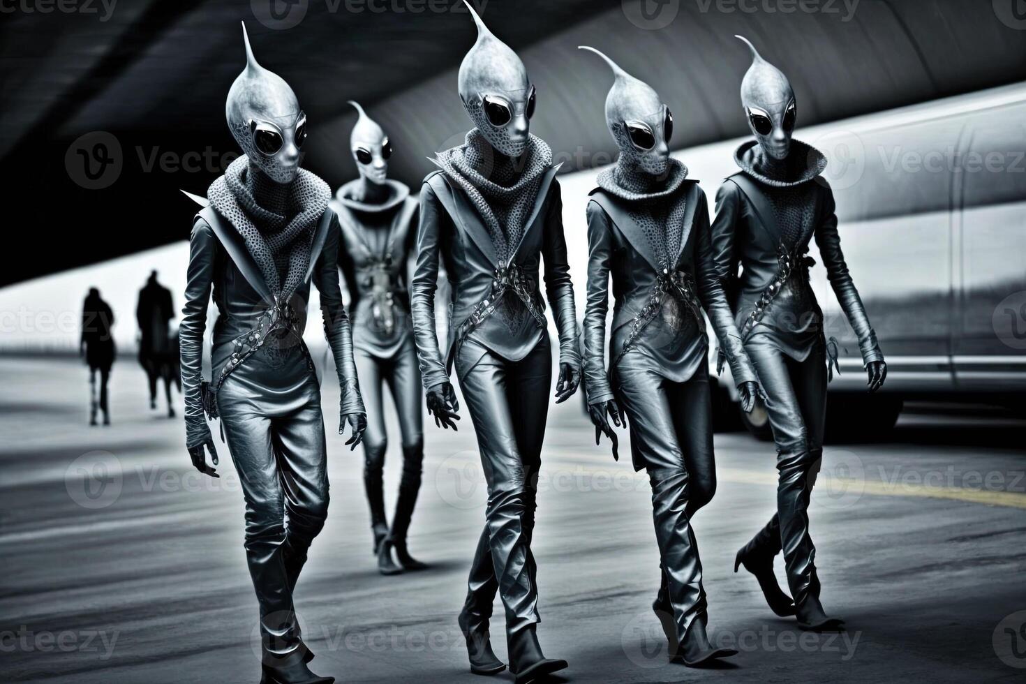 grupo de extranjeros vistiendo de moda espacio trajes, caminando un cósmico pista y posando para extraterrestre fotógrafos ilustración generativo ai foto