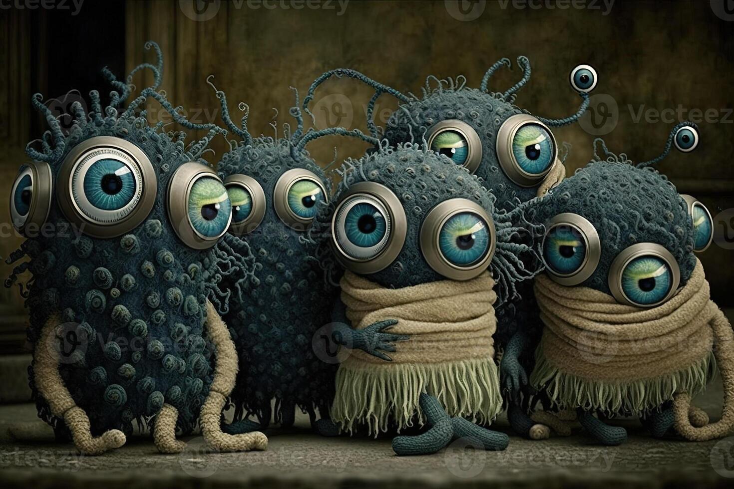 group of aliens trying to blend in with humans by wearing elaborate disguises, but their multiple eyes and tentacles are still showing illustration photo