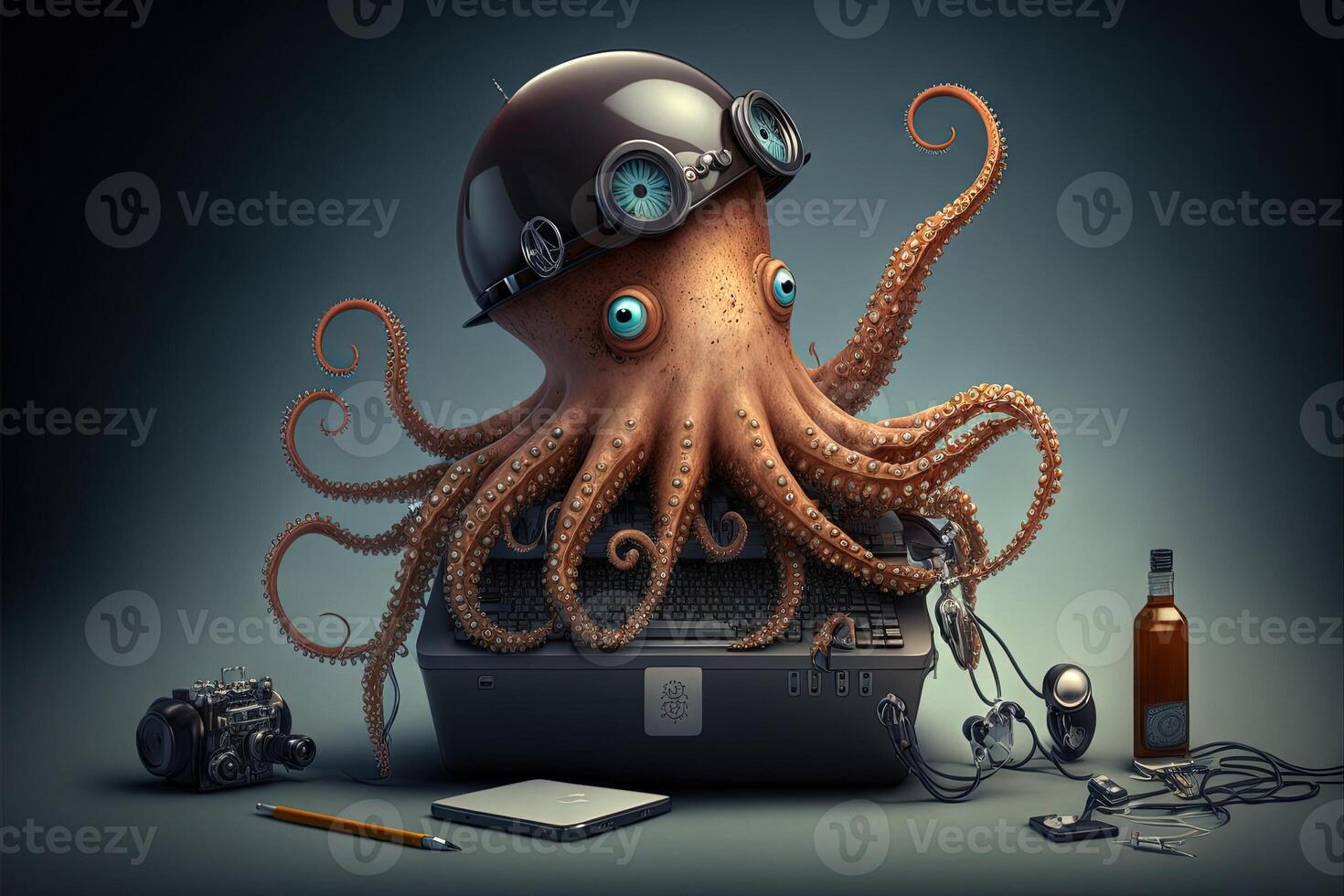 Octopus secret agent using many gadgets with tentacles photo