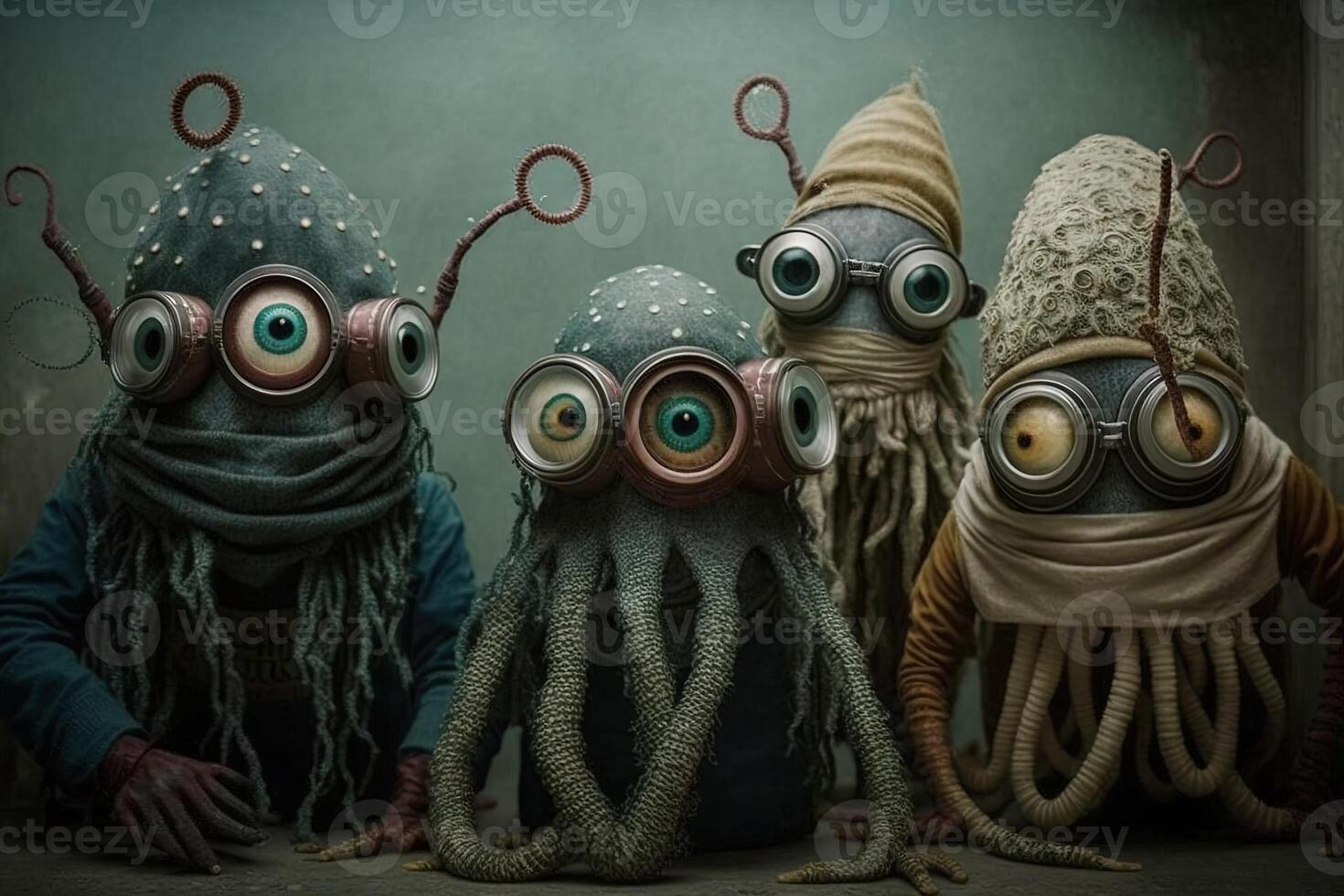 group of aliens trying to blend in with humans by wearing elaborate disguises, but their multiple eyes and tentacles are still showing illustration photo