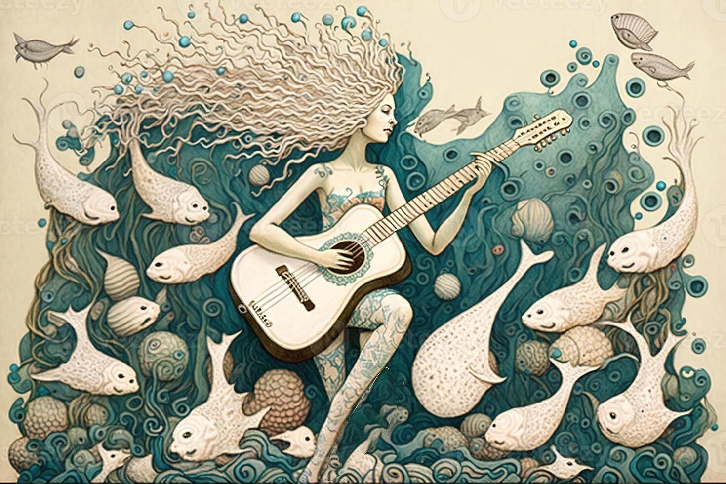 Mermaid playing a guitar made of seashells, surrounded by a group of singing jellyfish illustration photo