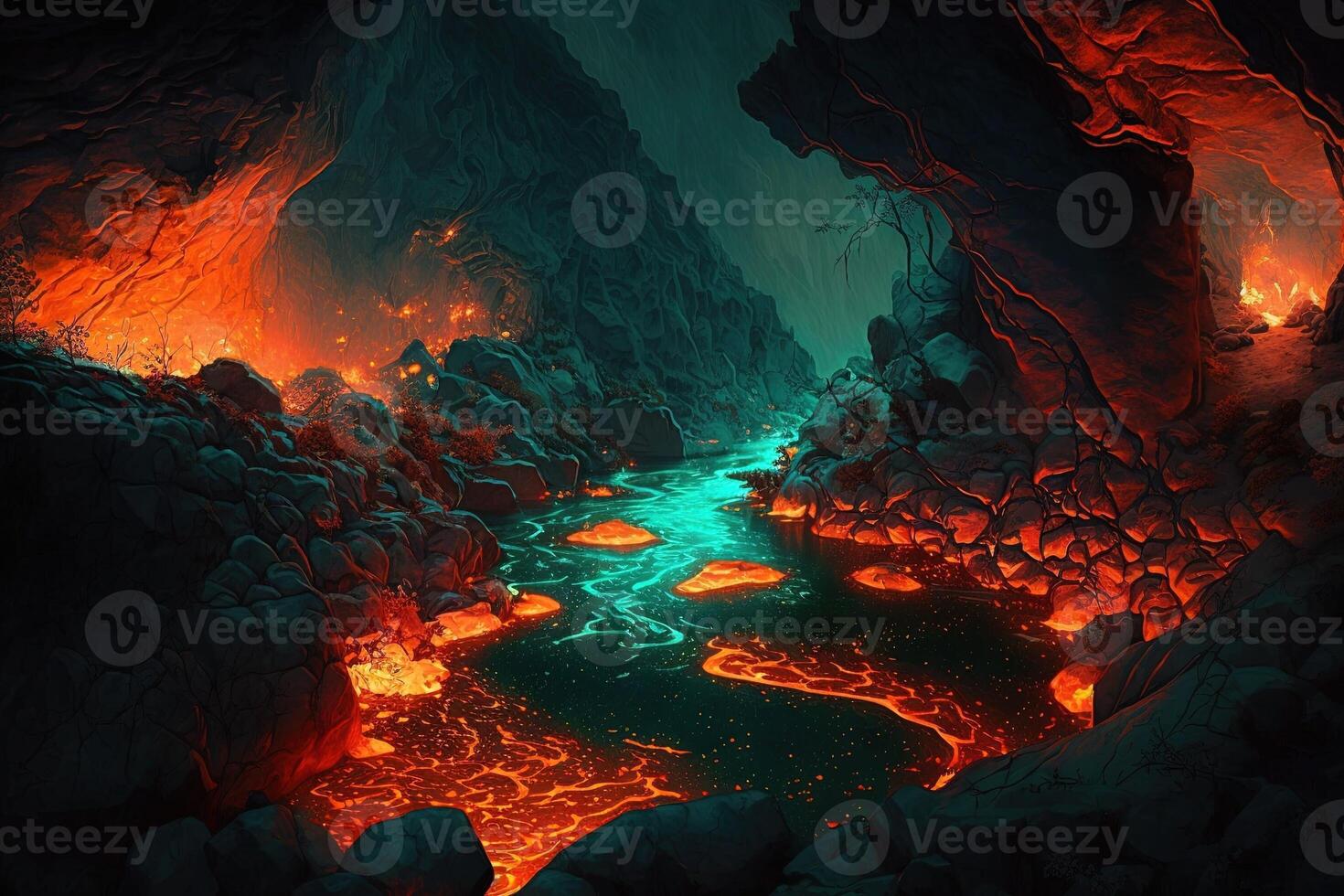 massive underground cave with lava river landscape illustration photo