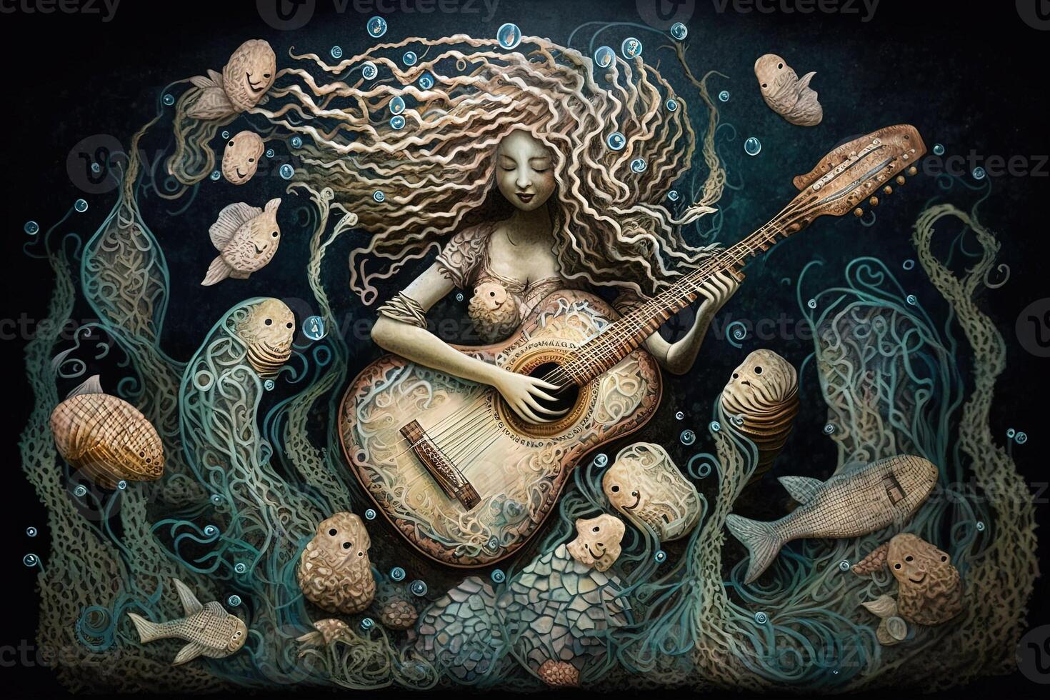 Mermaid playing a guitar made of seashells, surrounded by a group of