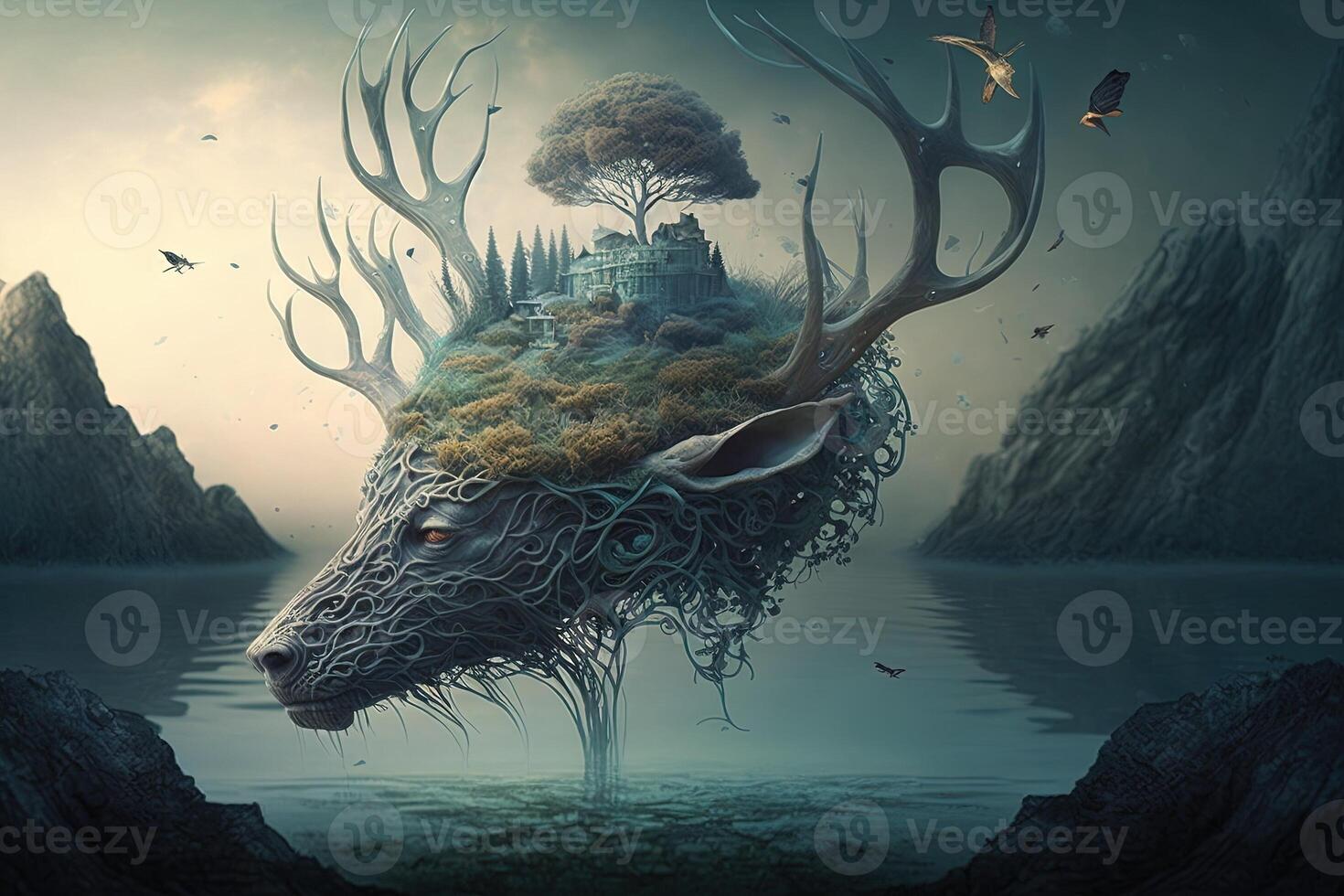 Fantasy living, breathing dreamscape, where dreams and nightmares are personified as creatures and landscapes illustration photo