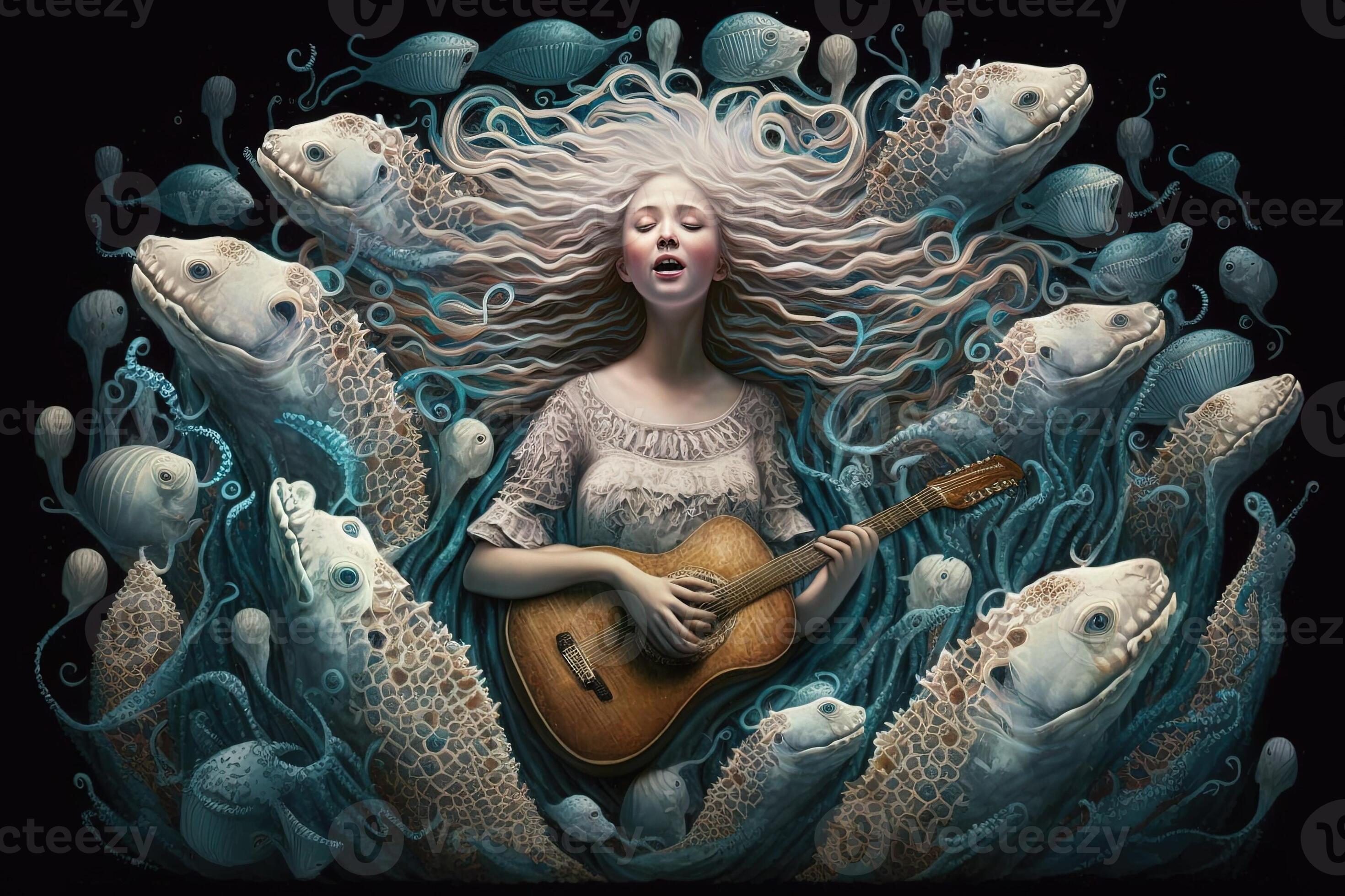 Mermaid playing a guitar made of seashells, surrounded by a group of