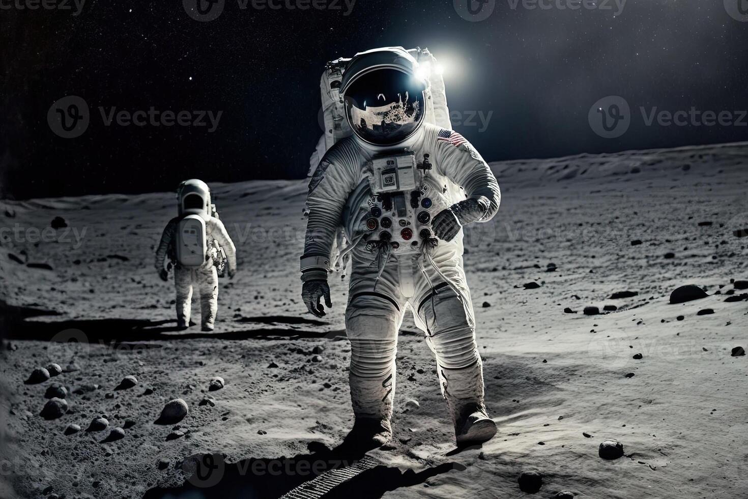 Man is back on the moon, astronaut in spacesuit walking on the moon Illustration photo
