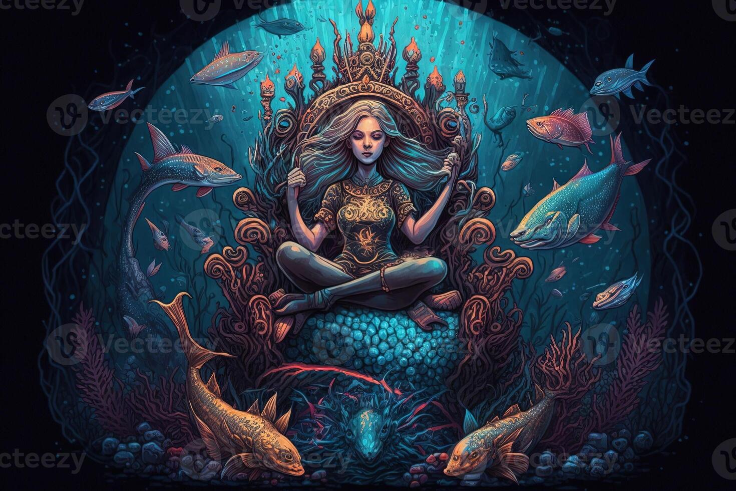 Mermaid sitting on a throne of coral, holding a scepter and surrounded by a school of fish with glowing eyes illustration photo