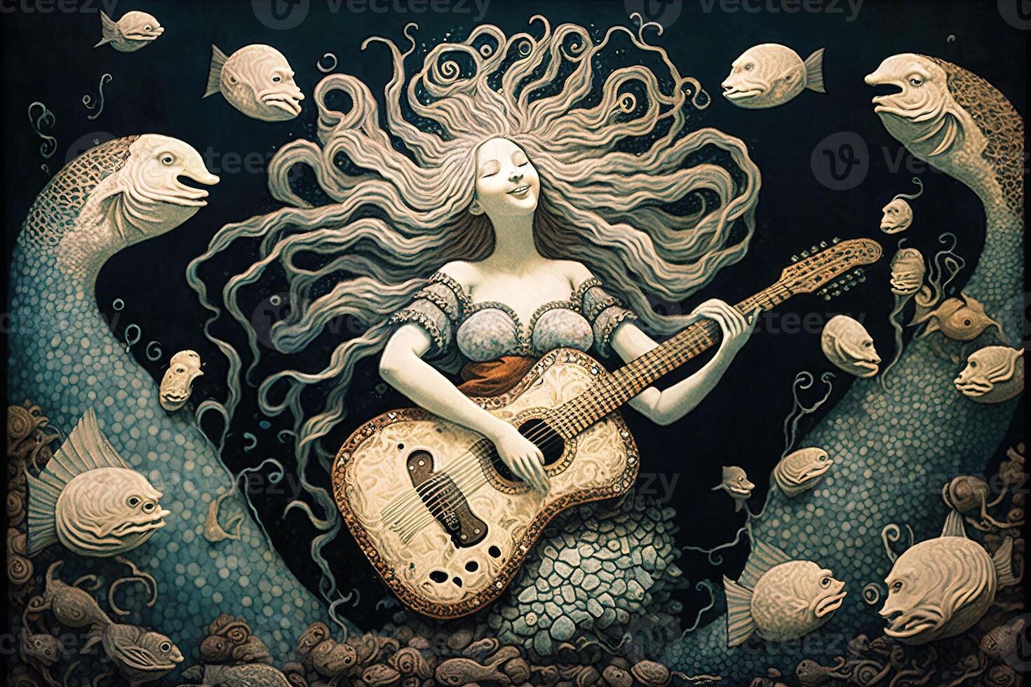 Mermaid playing a guitar made of seashells, surrounded by a group of
