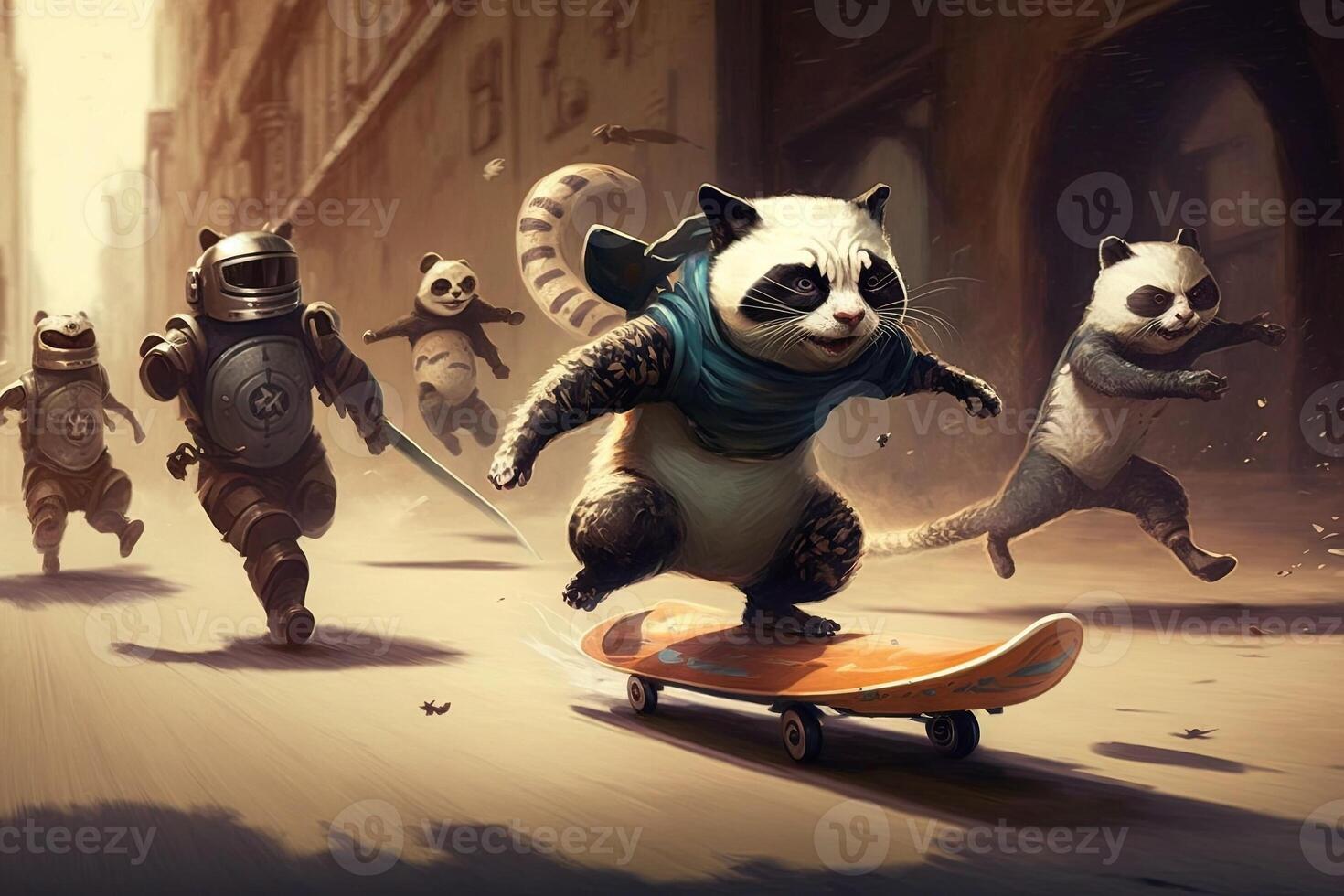 panda riding a skateboard, being chased by a group of ninja cats illustration photo