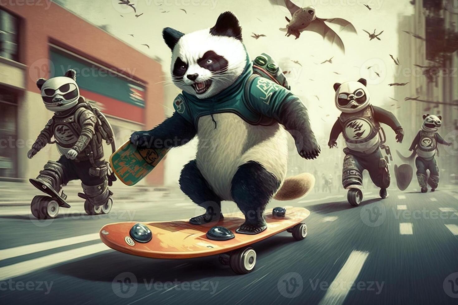 panda riding a skateboard, being chased by a group of ninja cats illustration photo