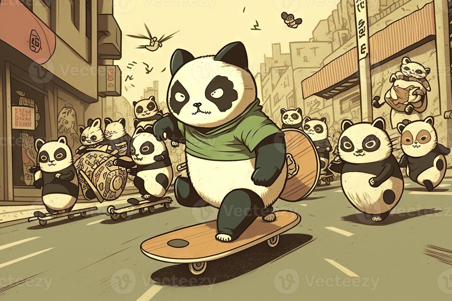 panda riding a skateboard, being chased by a group of ninja cats illustration photo