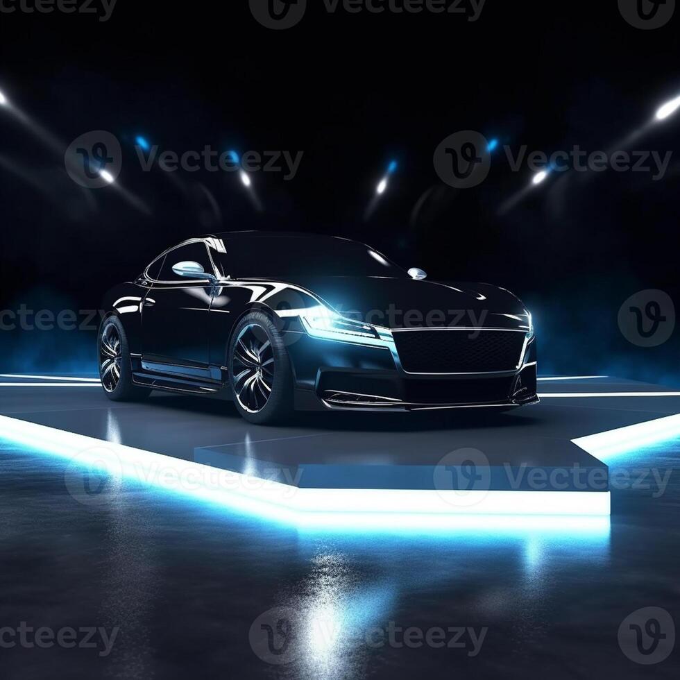 View of a generic and brand less modern car on the presentation stage background photo