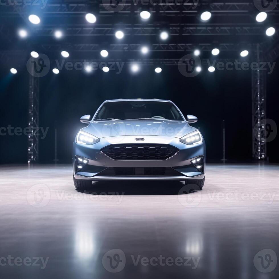 View of a generic and brand less modern car on the presentation stage background photo