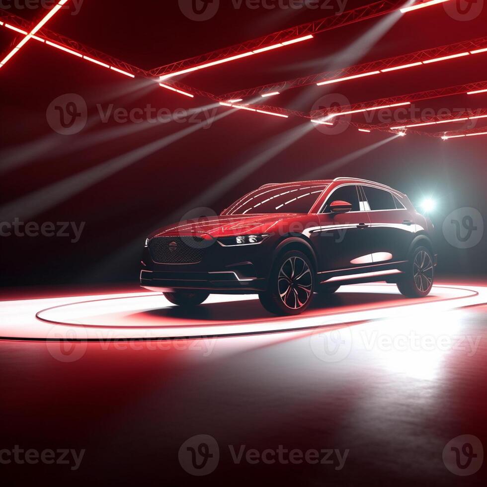 View of a generic and brand less modern car on the presentation stage background photo