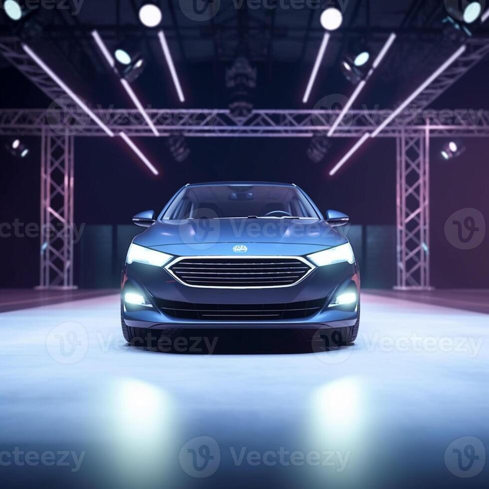 View of a generic and brand less modern car on the presentation stage background photo