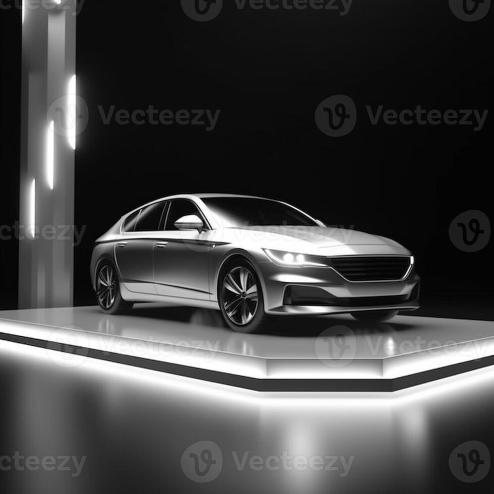View of a generic and brand less modern car on the presentation stage background photo