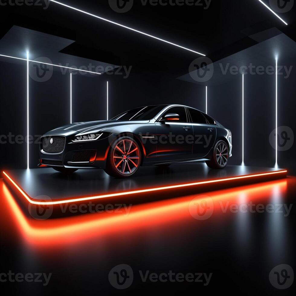 View of a generic and brand less modern car on the presentation stage background photo