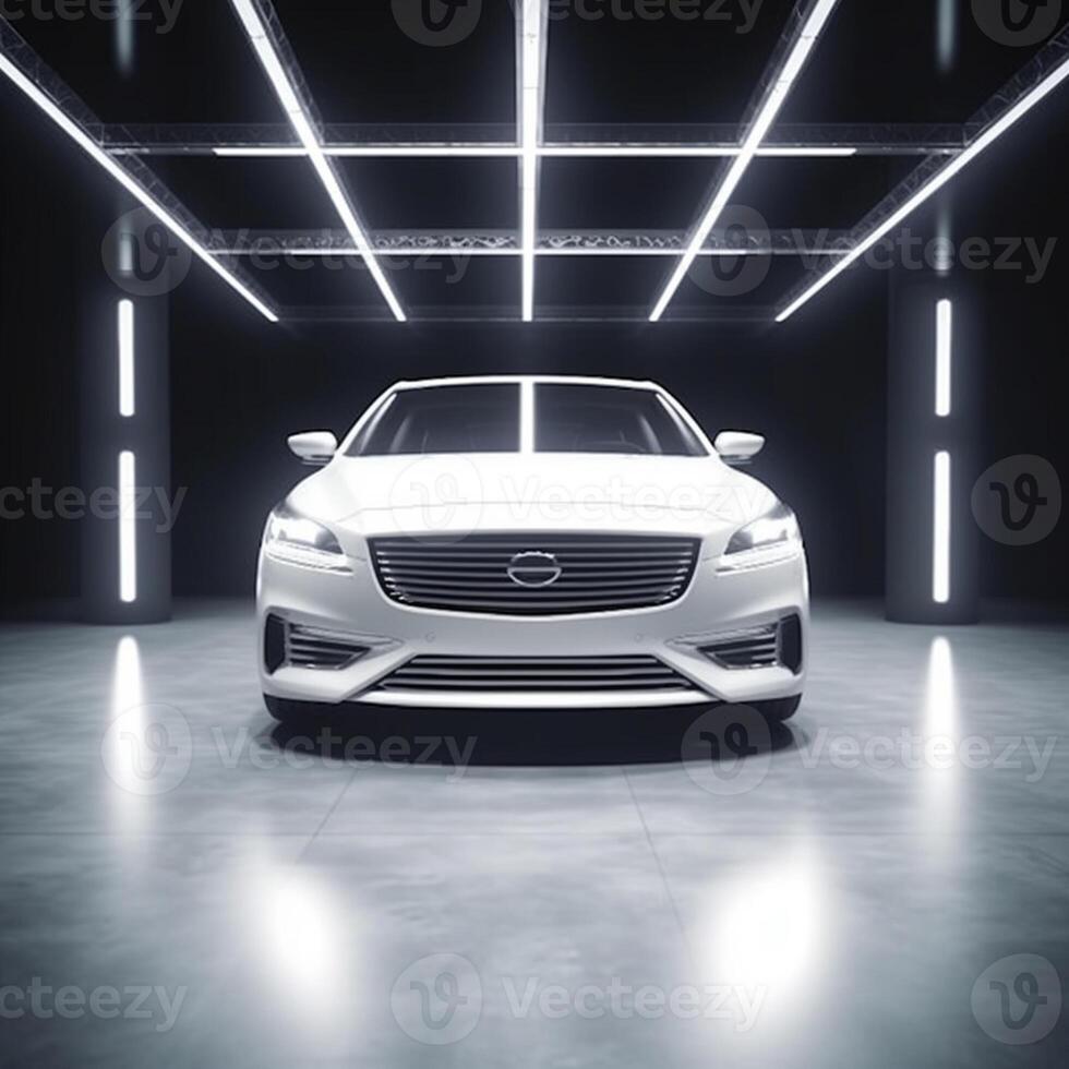 View of a generic and brand less modern car on the presentation stage background photo