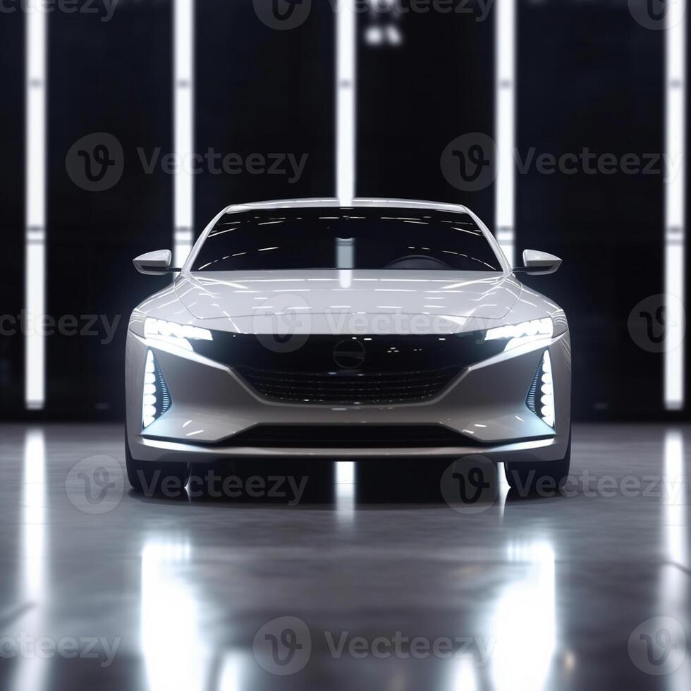 View of a generic and brand less modern car on the presentation stage background photo