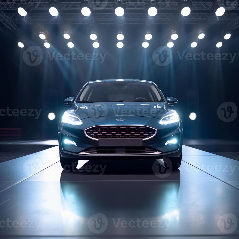 View of a generic and brand less modern car on the presentation stage background photo