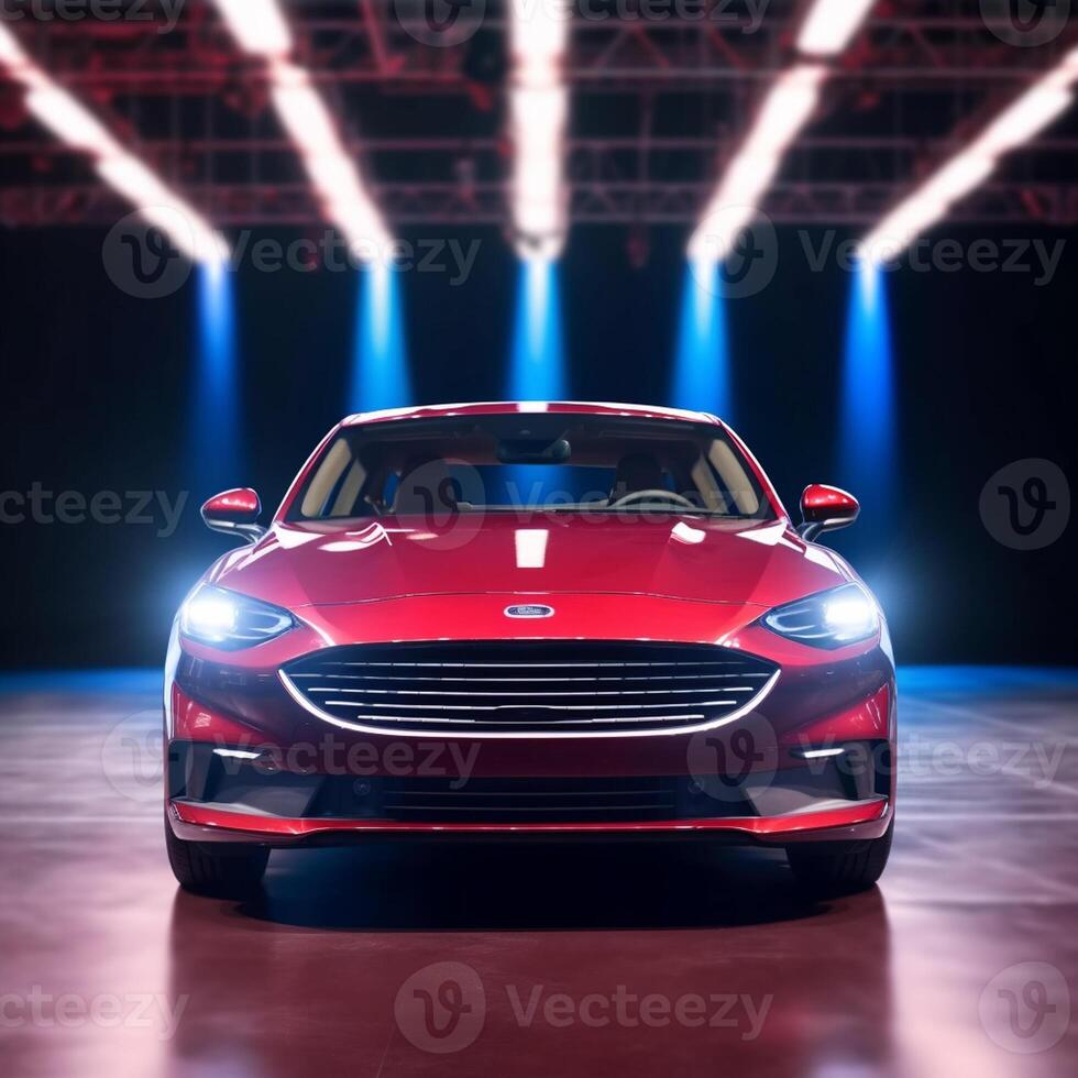 View of a generic and brand less modern car on the presentation stage background photo