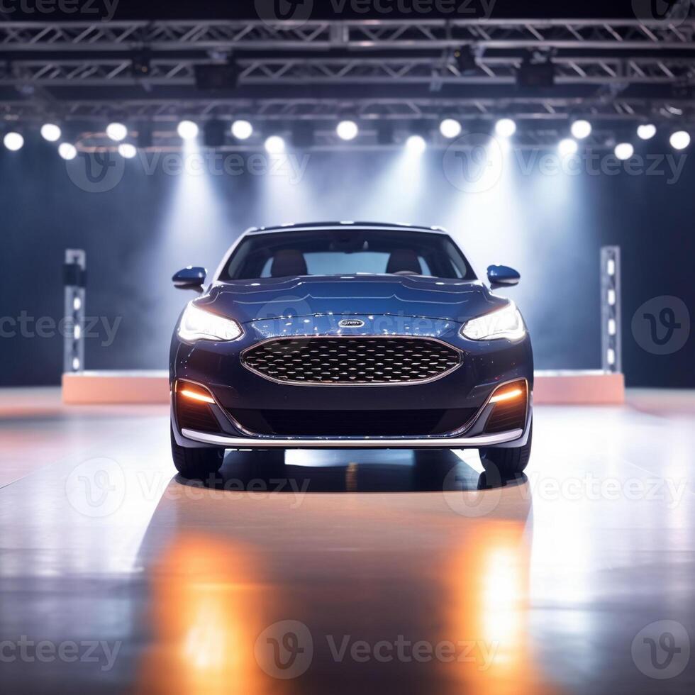 View of a generic and brand less modern car on the presentation stage background photo