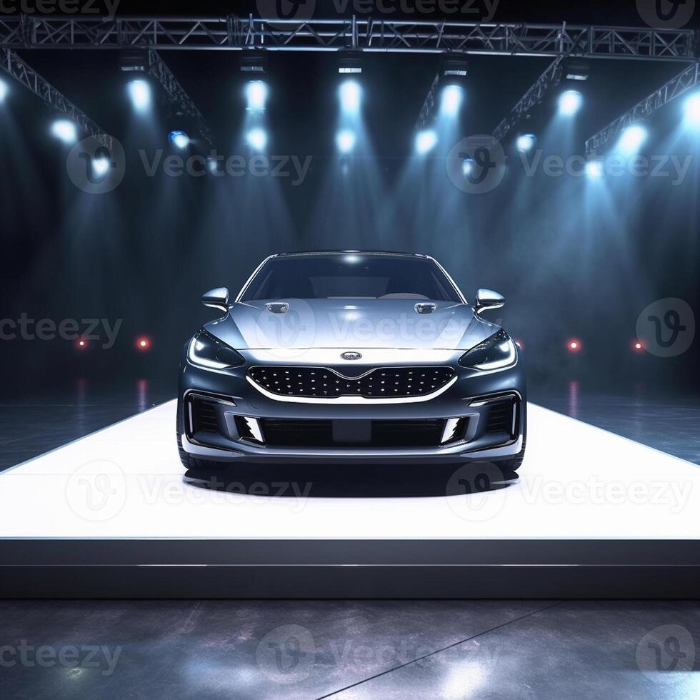 View of a generic and brand less modern car on the presentation stage background photo