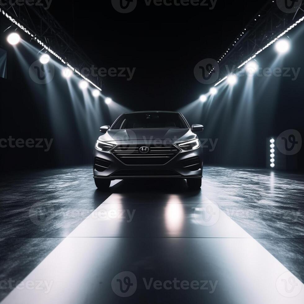 View of a generic and brand less modern car on the presentation stage background photo