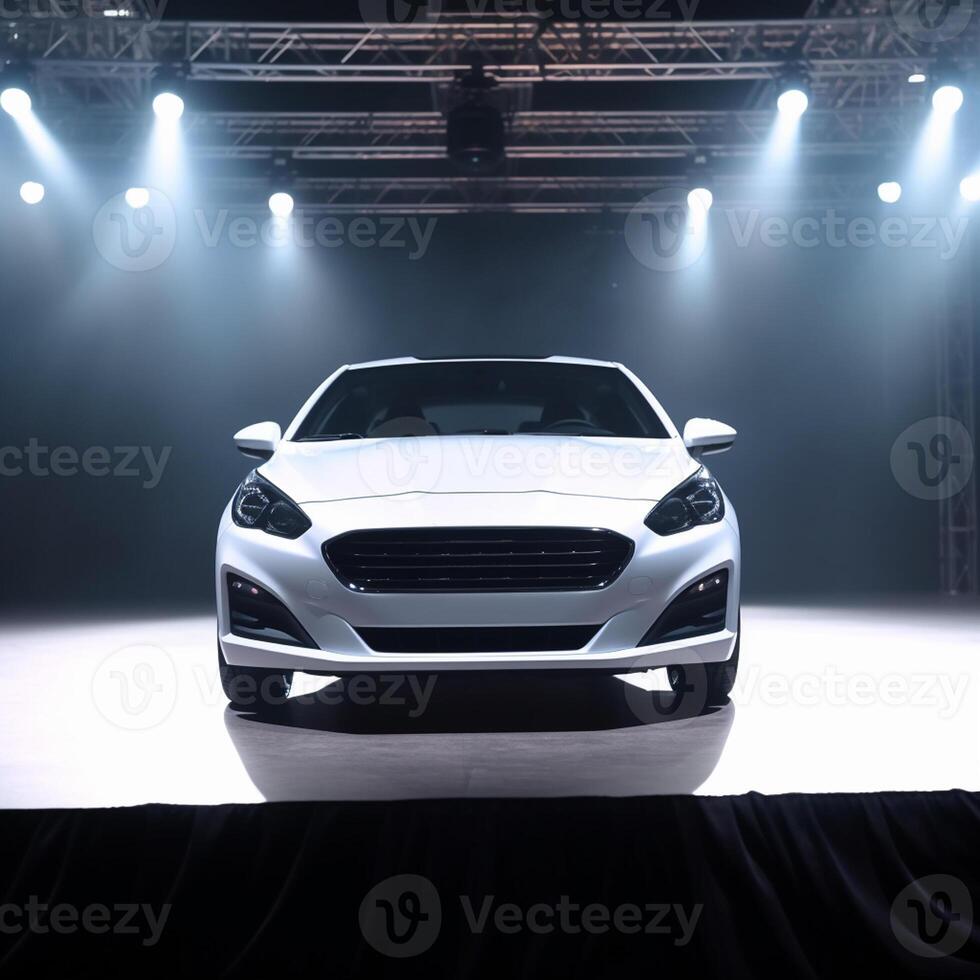 View of a generic and brand less modern car on the presentation stage background photo