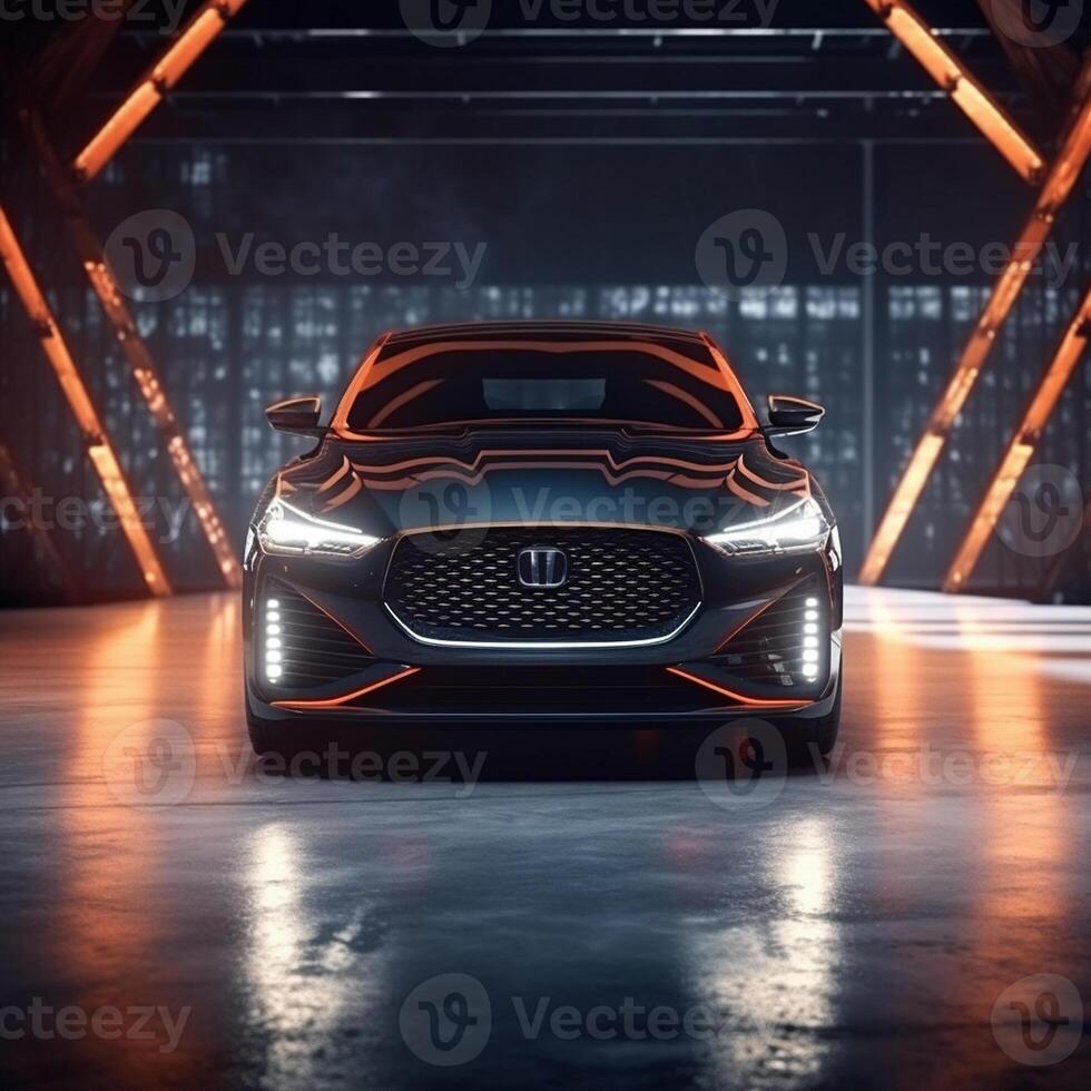 View of a generic and brand less modern car on the presentation stage background photo